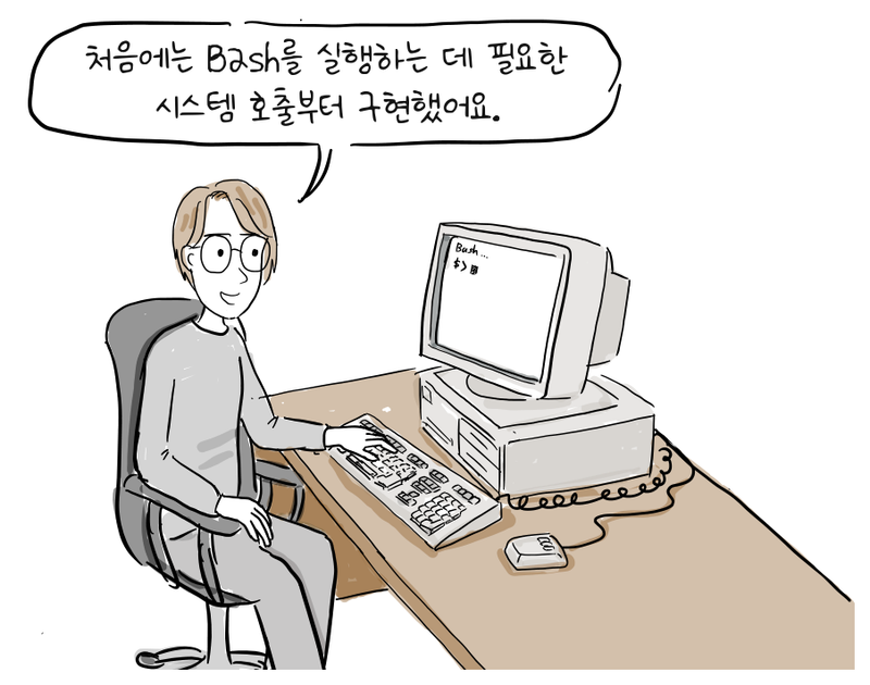 리누스 토발즈가 Bash 프롬프트가 표시된 컴퓨터 앞에 앉아 있다.